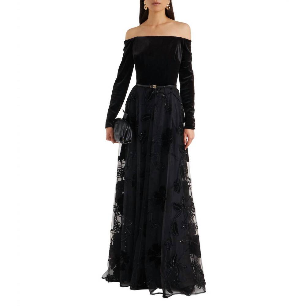 NEW ELIE SAAB velvet tulle embroidered long dress in black